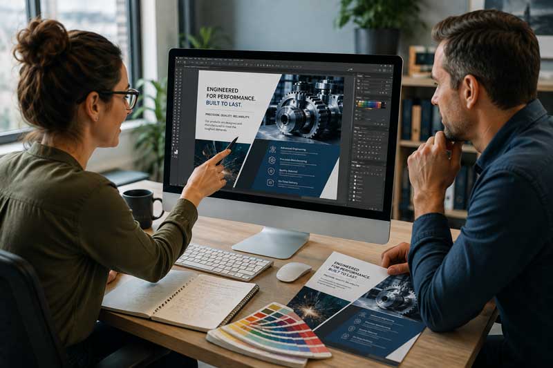 Graphic designer collaborating with a manufacturing client on industrial marketing collateral and sell sheet design