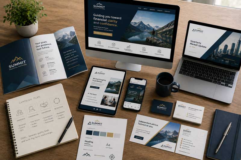 Integrated marketing materials including website design, email marketing, social media, branding and print collateral